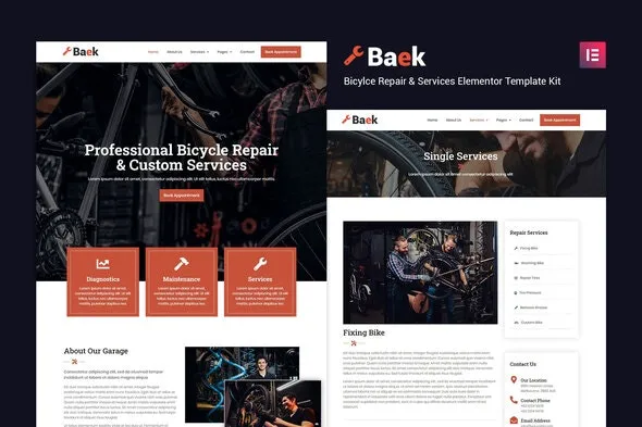 Baek - Bicycle Repair & Service Elementor Template Kit | Business & Services