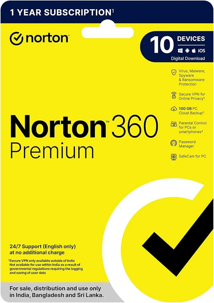 Norton 360 Premium | Advanced security and virus protection for 10 devices | 1 Year Subscription