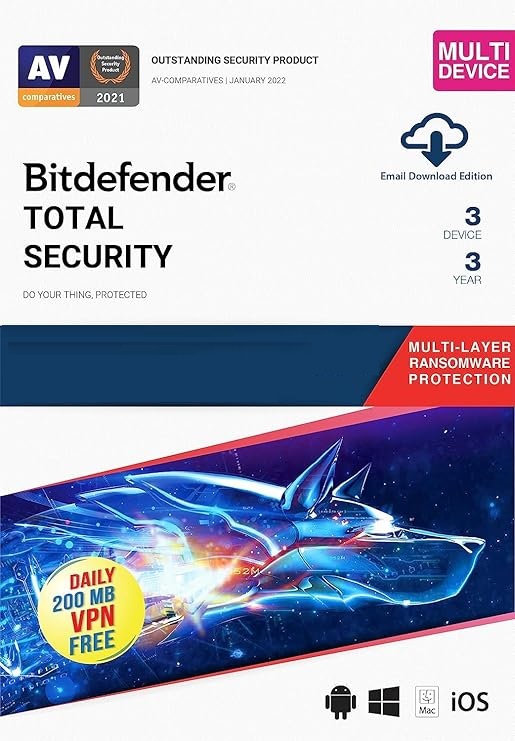 Bitdefender Total Security 3 Device - 3 Year | Mac / Pc / Android