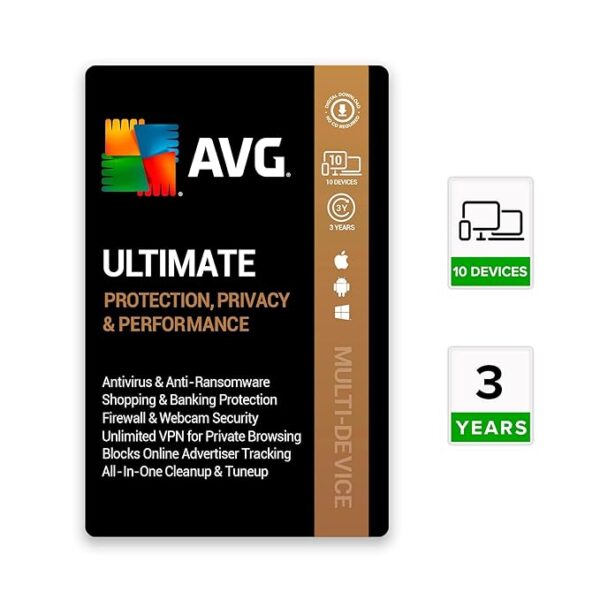 AVG Ultimate Multi-Device (Total Security Suite w VPN, Cleaner & AntiTracker) (PC, Mac & Android) (10 Devices | 3 Years)