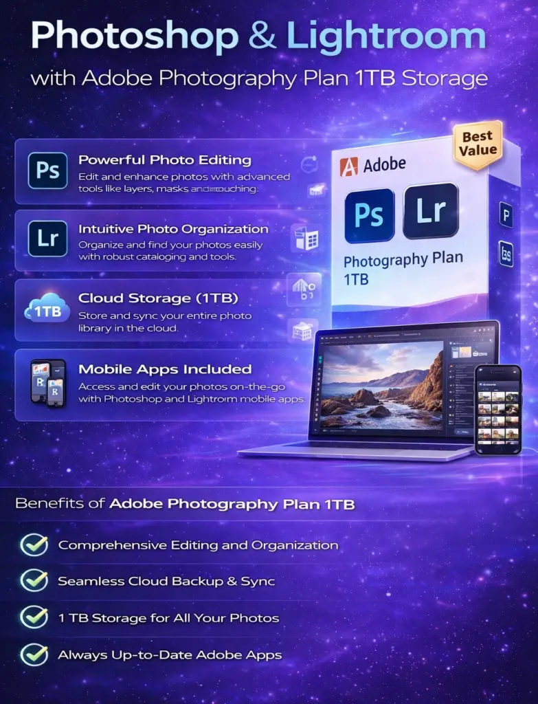 Adobe Photography Plan 1TB Storage : Photoshop & Lightroom | 1 Year Redeem Code | PC/Mac