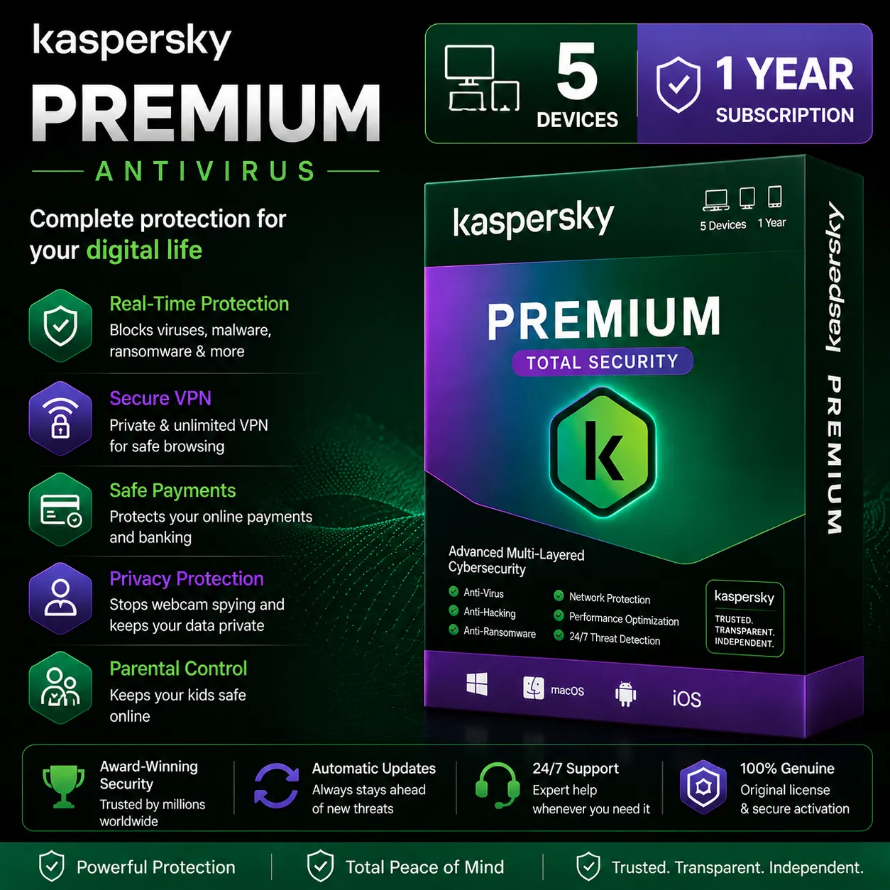 Kaspersky Premium Antivirus - Total Security - 5 Device - 1 Year Subscription Kaspersky Premium Antivirus | Total Security | 5 Device | 1 Year Subscription - Image 1