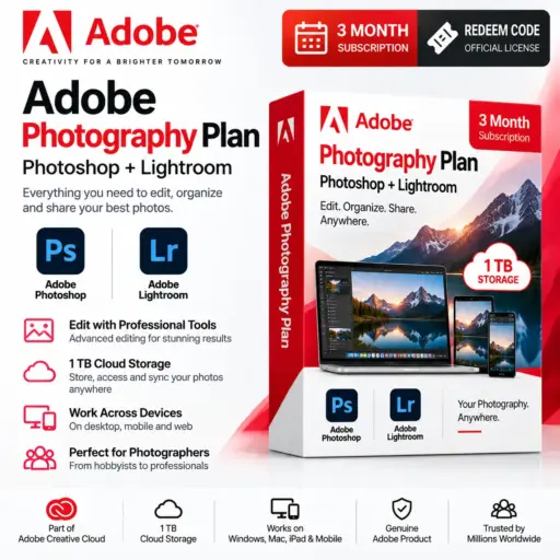 Adobe Photography Plan Photoshop+Lightroom | 1TB Storage | 3 Month Redeem Code